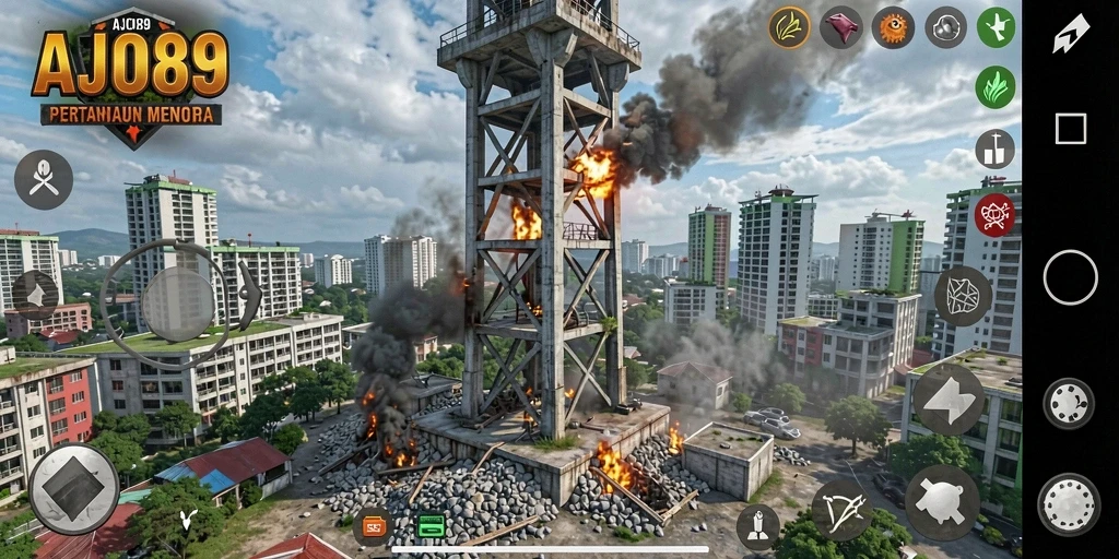 Screenshot AJO89 menampilkan pertarungan seru menara pertahanan melawan gelombang musuh.