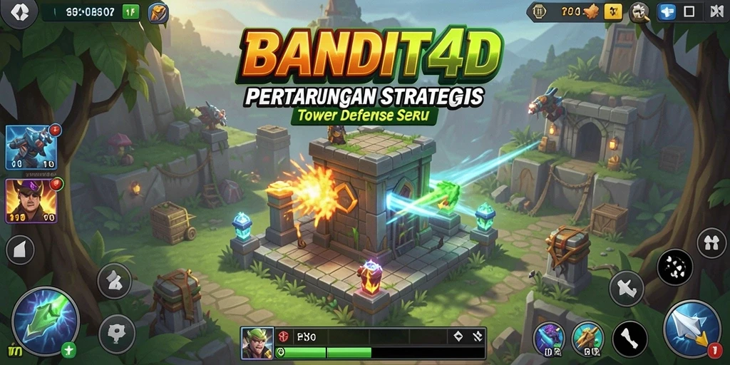Screenshot utama BANDIT4D menampilkan aksi pertahanan menara yang intens.