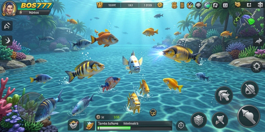 Tampilan gameplay menarik dengan banyak ikan dan senjata.