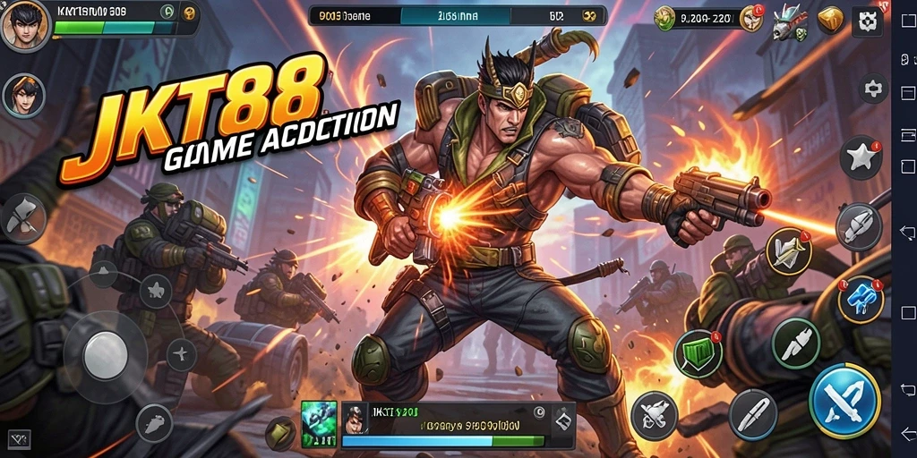 Tampilan gameplay seru JKT88 dengan karakter bertarung dinamis.