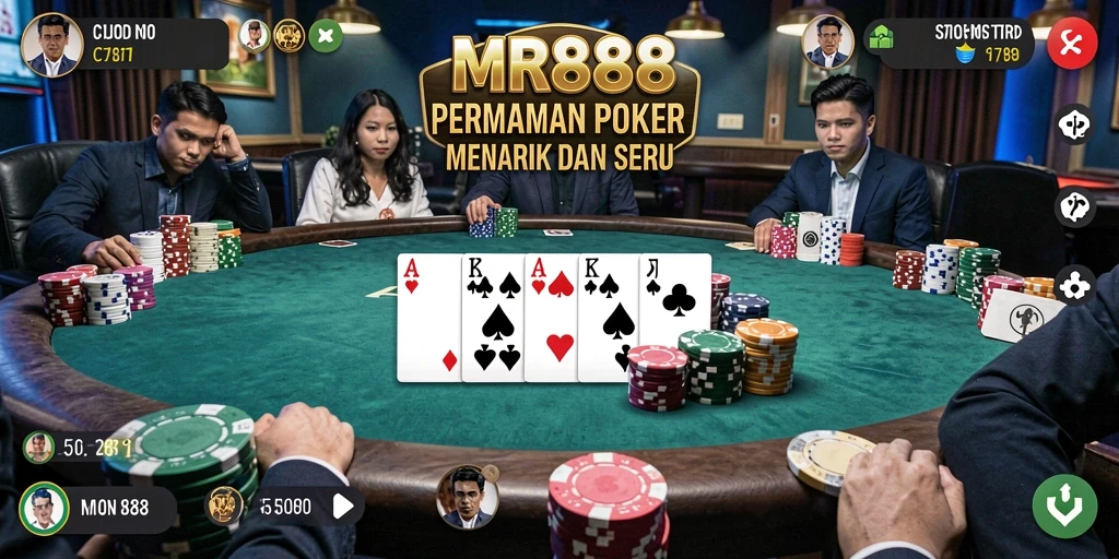 Screenshot permainan MR888 yang menunjukkan aksi poker yang mendebarkan.
