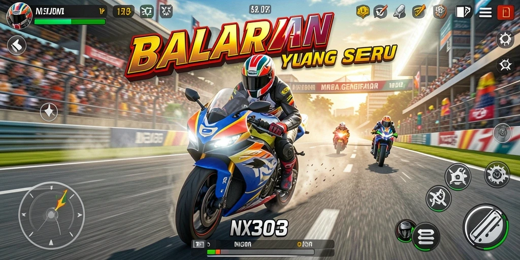Tampilan gameplay NX303 dengan aksi balapan motor yang seru.