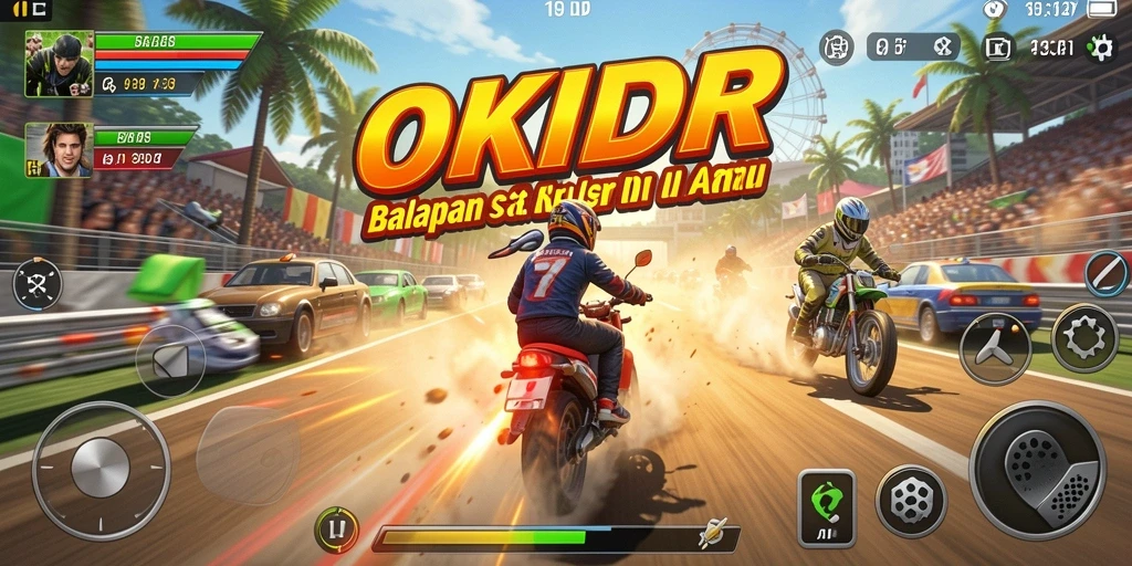 Tangkapan layar utama OKIDR menunjukkan aksi balapan yang mendebarkan.