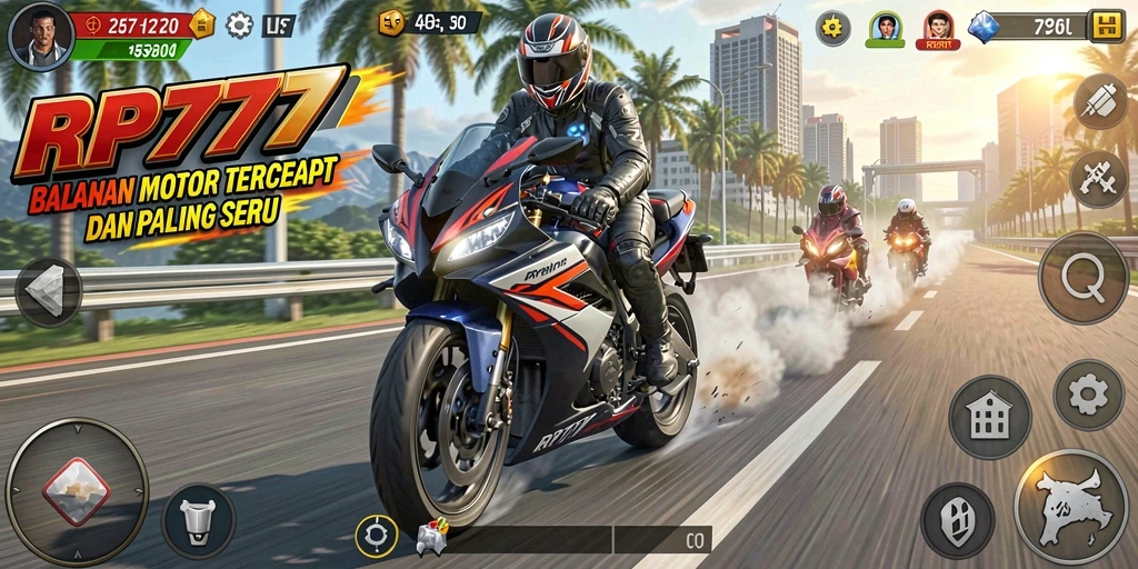 Tampilan gameplay RP777 yang mendebarkan dengan lintasan balapan motor.
