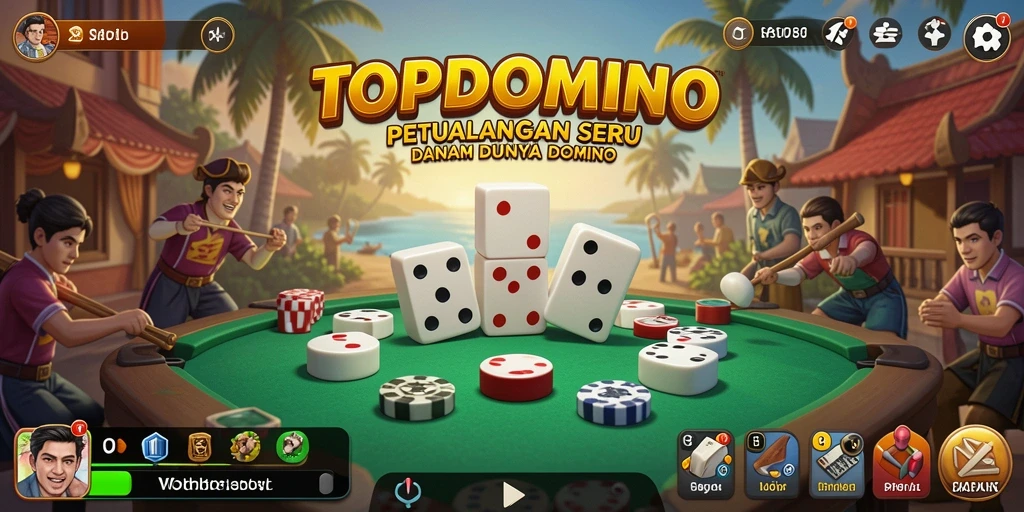 Screenshot utama TOPDOMINO menunjukkan karakter menjelajahi dunia petualangan yang penuh warna.